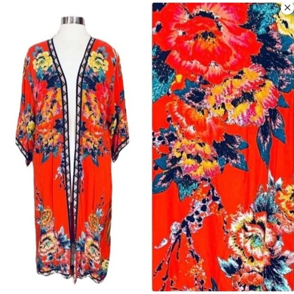 Flying Tomato Women’s Open Front Floral Kimono M/L Multicolor Bright Cover Up - Picture 2 of 7